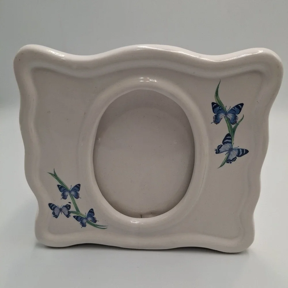 FTD Ceramic Butterfly Picture Frame Planter White Blue Floral Oval Opening Vtg
